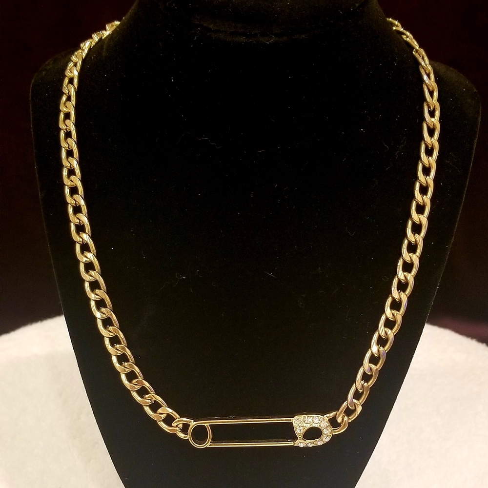 Chunkey 14k Gold Plated Safety Pin Necklace With Pave Cubic Zirconia 18"